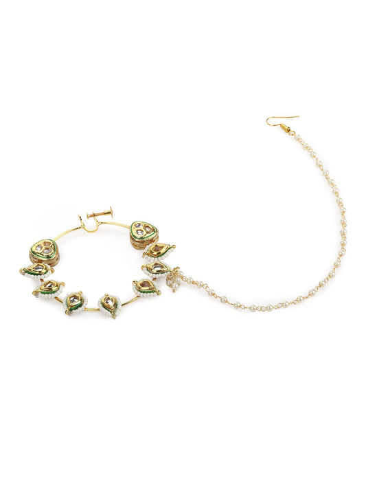 White Gold-Toned Plated Kundan Vilandi Chained Nose Ring - Ruby Raang | Swadesiicart