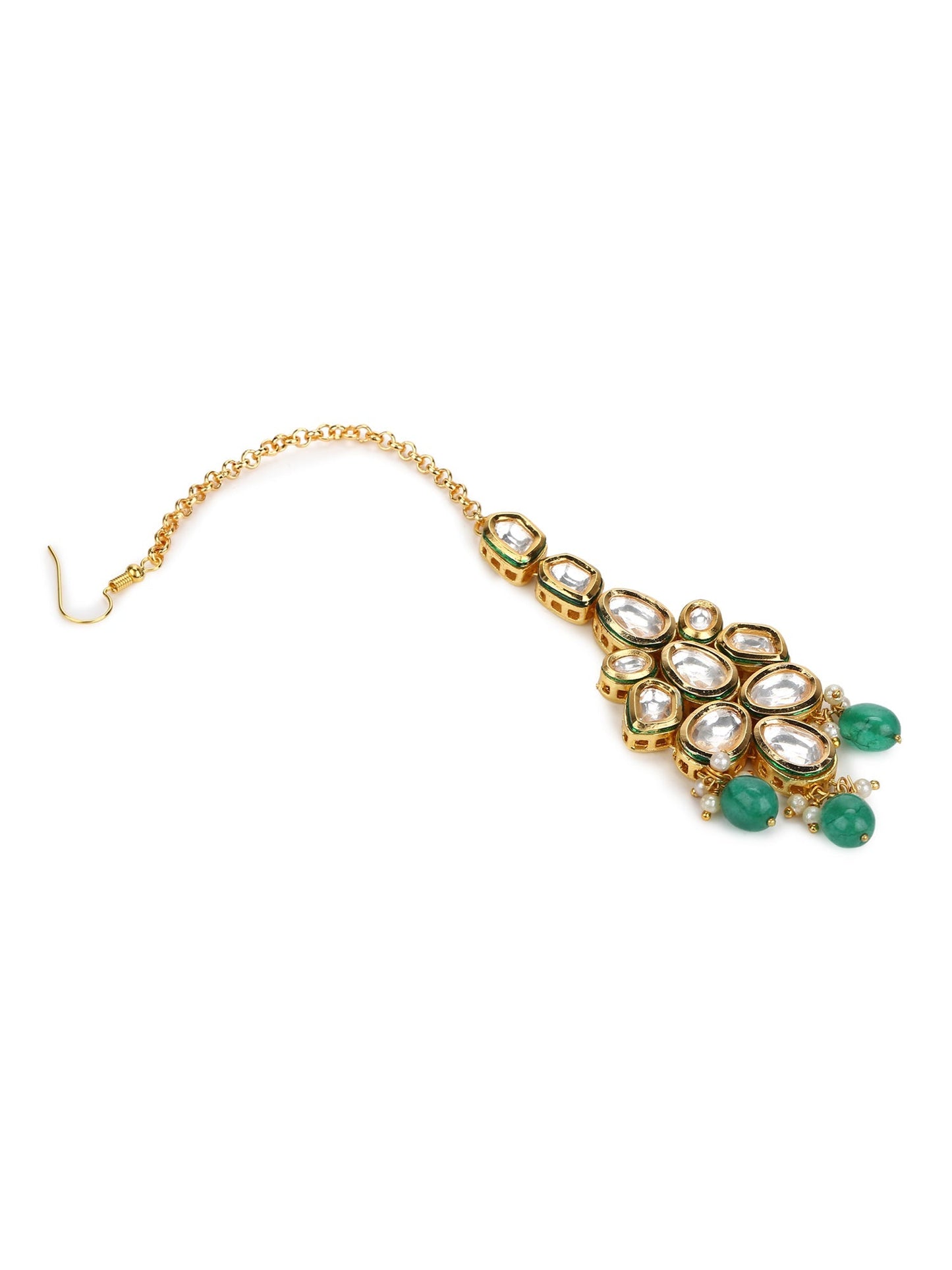 Gold-Polished Green White Kundan-Studded Maang Tikka - Ruby Raang | Swadesiicart