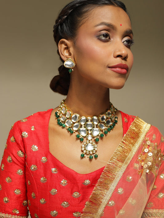 Green White Kundan Choker Jewellery Set - Ruby Raang | Swadesiicart