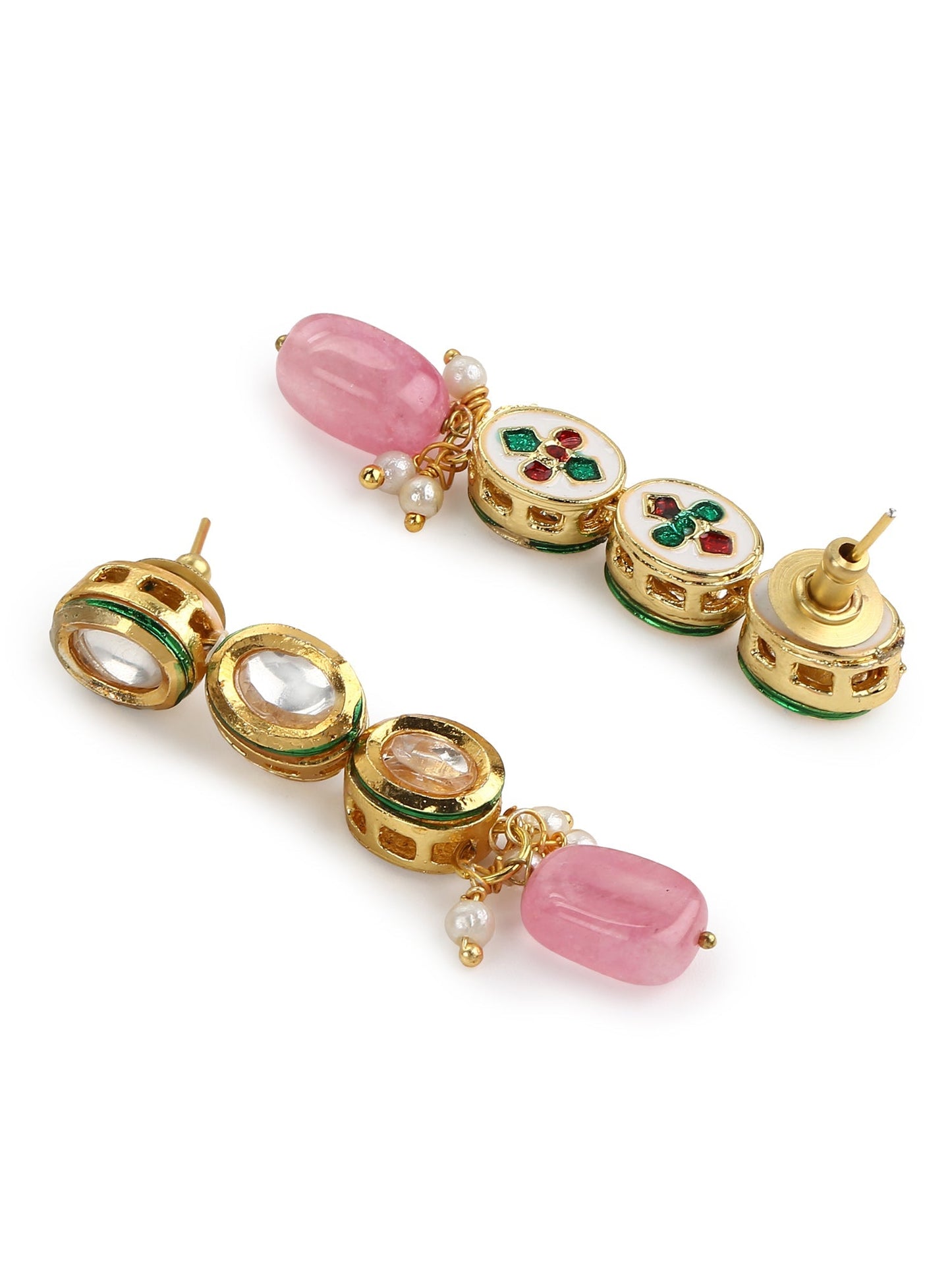 Gold-Polished White Pink Kundan-Studded Pearl Beaded Handcrafted Jewellery Set - Ruby Raang - Swadesiicart