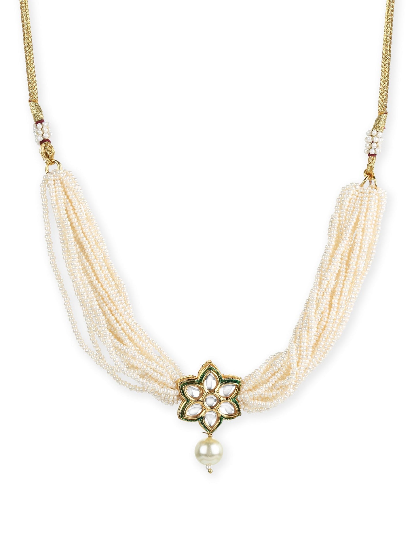 Gold-Polished White Green Brass Kundan Pearls Choker Necklace - Ruby Raang | Swadesiicart