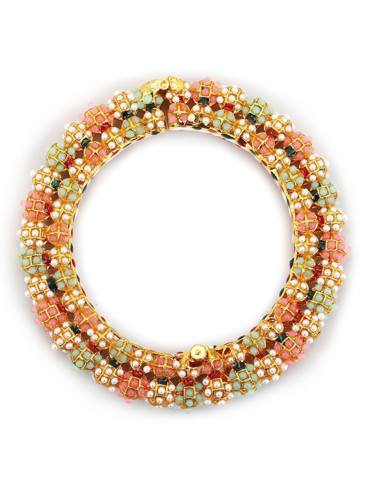 Gold-Polished Green Stone-Studded Beaded Meenakari Bangle - Ruby Raang - Swadesiicart