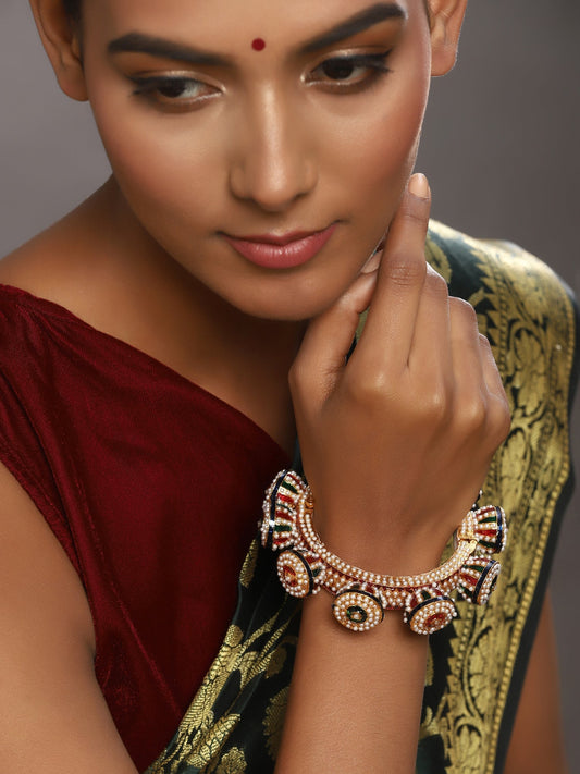 Gold-Plated White Green Stone Studded Meenakari Bangle - Ruby Raang - Distacart