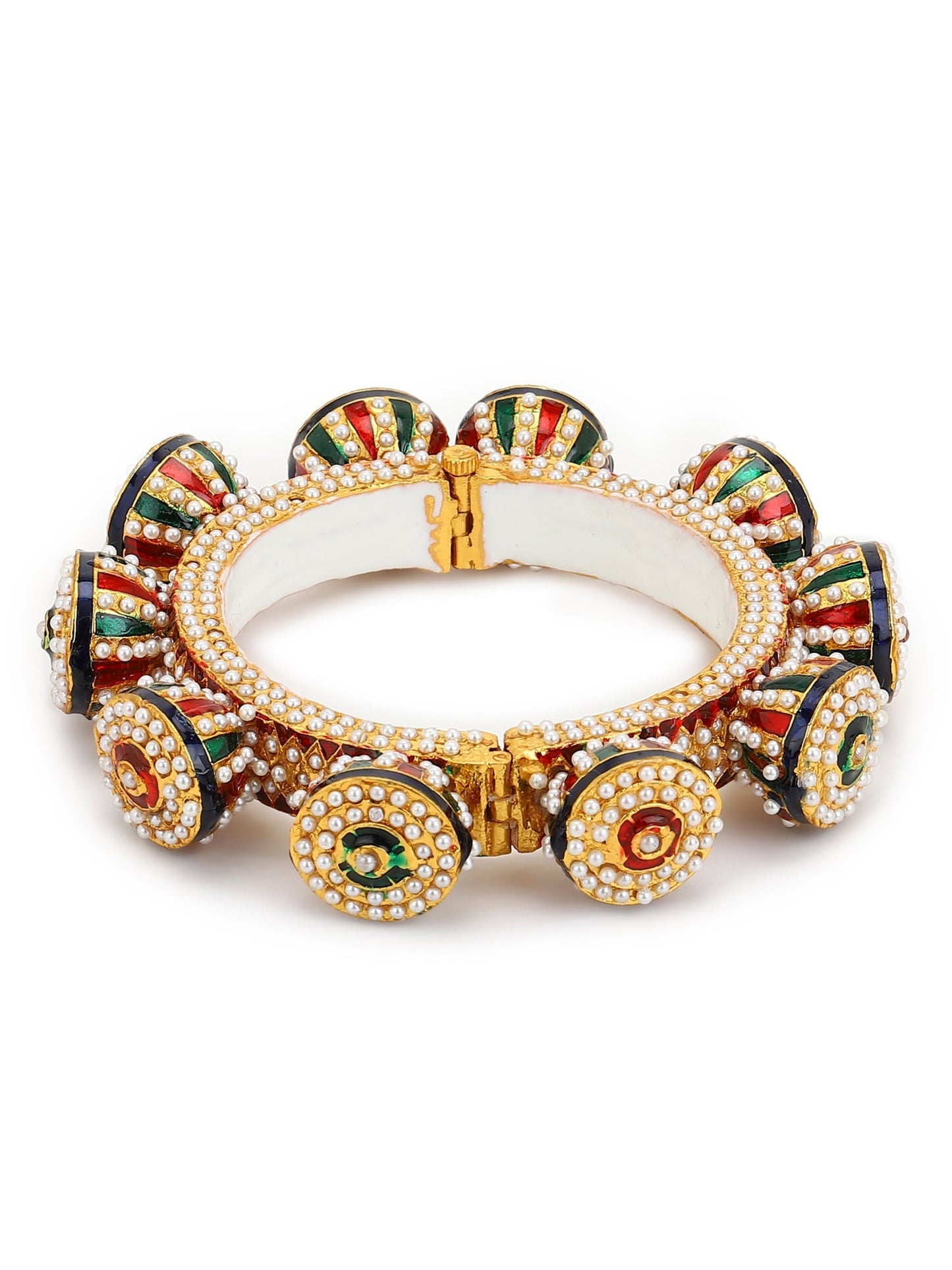 Gold-Polished White Green Stone Studded Meenakari Bangle - Ruby Raang - Swadesiicart