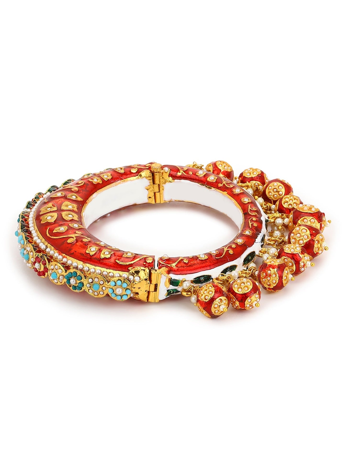 Gold-Polished Red Stone Studded Meenakari Bangle - Ruby Raang - Swadesiicart