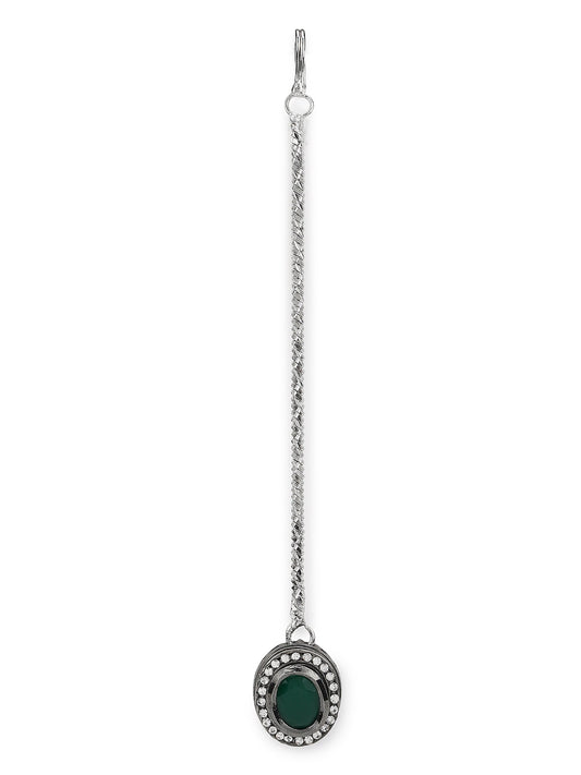 Silver-Plated Green Kundan Stone-Studded Maang Tikka - Ruby Raang | Swadesiicart
