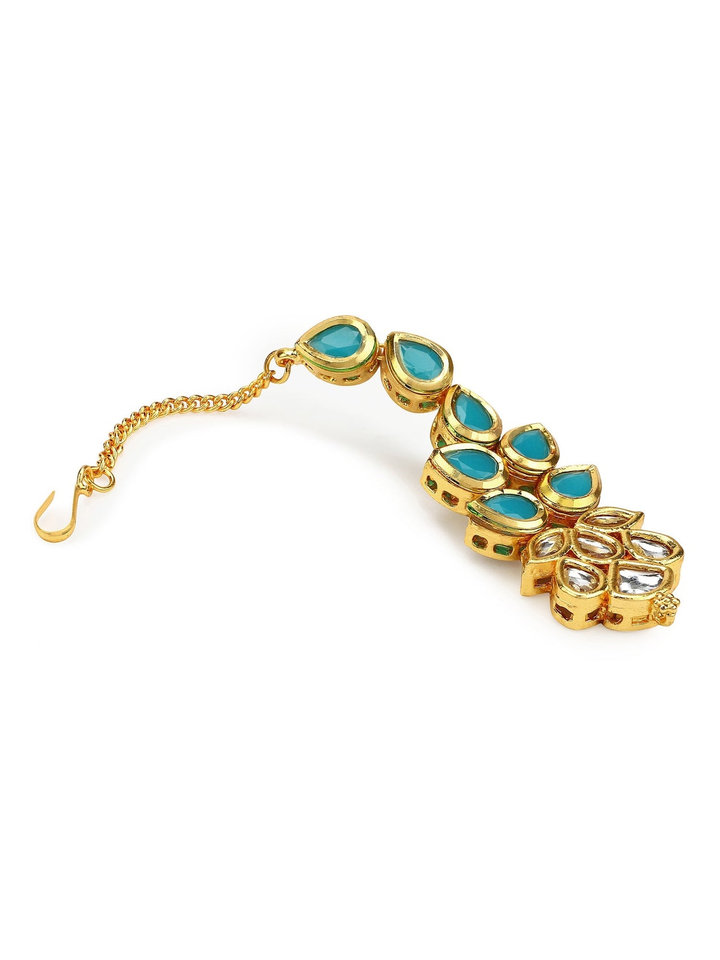 Gold-Polished Turquoise Blue Kundan-Studded Maang Tikka - Ruby Raang | Swadesiicart
