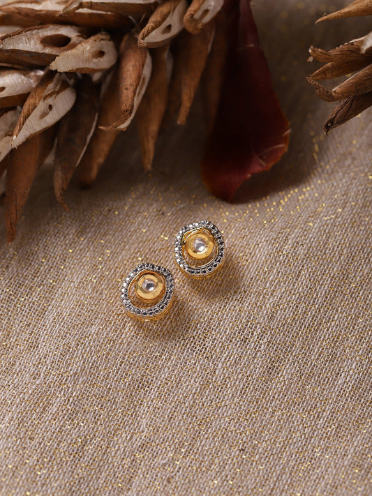 Gold-Polished White Kundan Studded Circular Studs Earrings - Ruby Raang | Swadesiicart