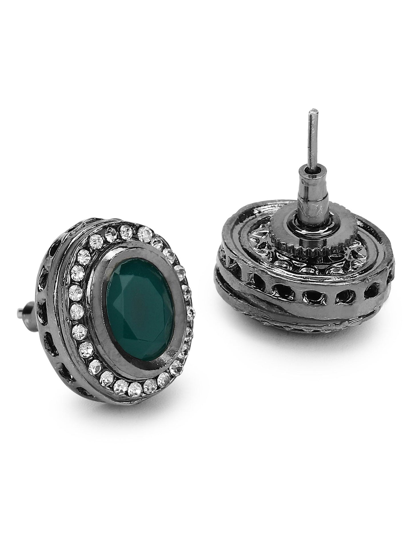 Silver-Plated Oval Kundan Studded Studs Earrings - Ruby Raang - Swadesiicart