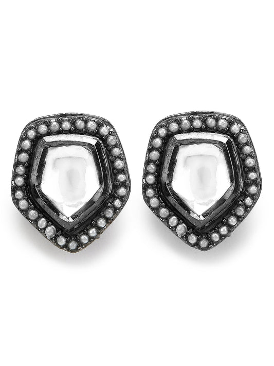 Silver-Plated Geometric Kundan Studs Earrings - Ruby Raang - Swadesiicart