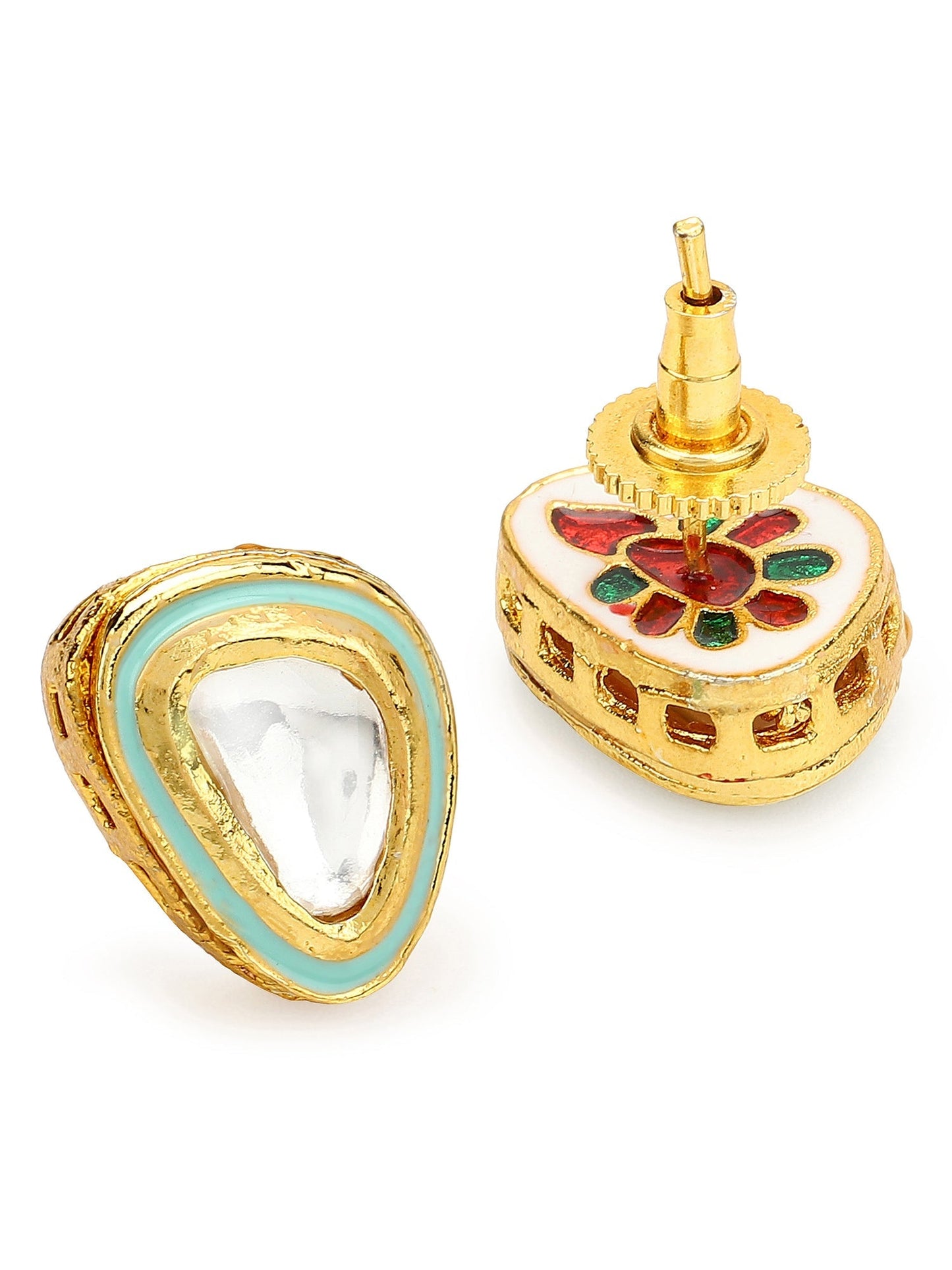 Gold-Polished Triangular Kundan Studded Studs Earrings - Ruby Raang - Swadesiicart