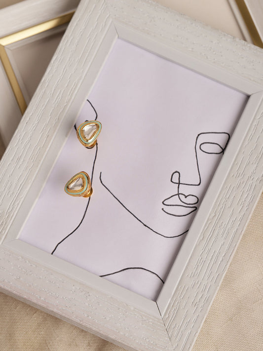 Gold-Polished Triangular Kundan Studded Studs Earrings - Ruby Raang - Ruby Raang Studio