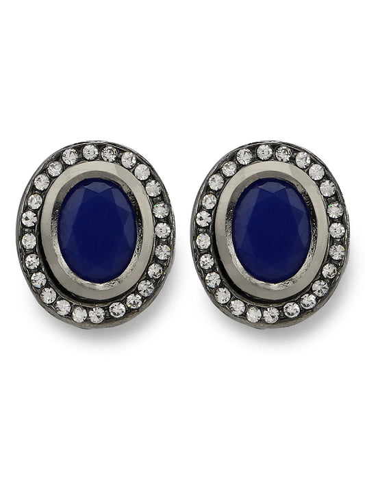 Silver-Plated Oval Kundan Studs Earrings - Ruby Raang - Swadesiicart