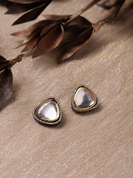Silver-Plated Triangular Kundan Studded Studs Earrings - Ruby Raang - Ruby Raang Studio