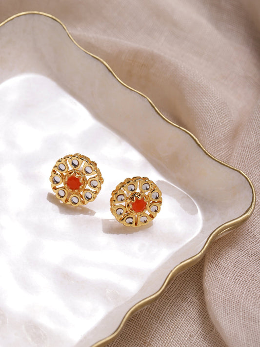 Gold-Polished Floral Shaped Kundan Studded Studs Earrings - Ruby Raang - Ruby Raang Studio