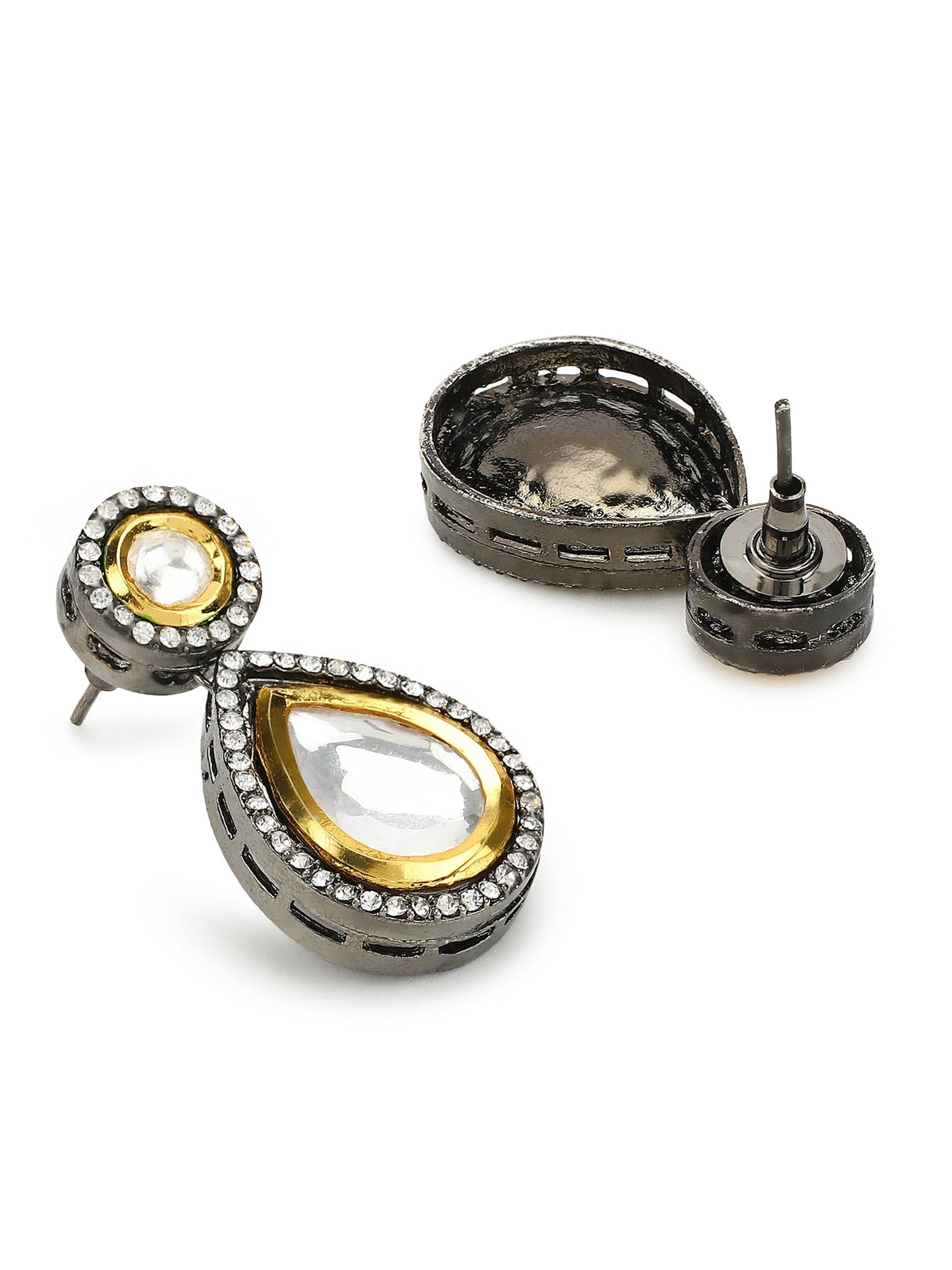 Silver-Plated Teardrop Shape Kundan Studded Drop Earrings - Ruby Raang - Swadesiicart