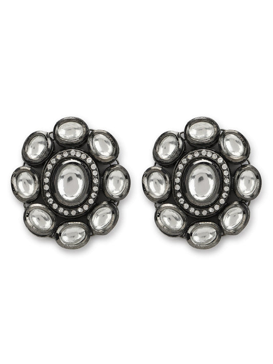 Black Silver-Plated Circular Kundan Studs Earrings - Ruby Raang - Swadesiicart
