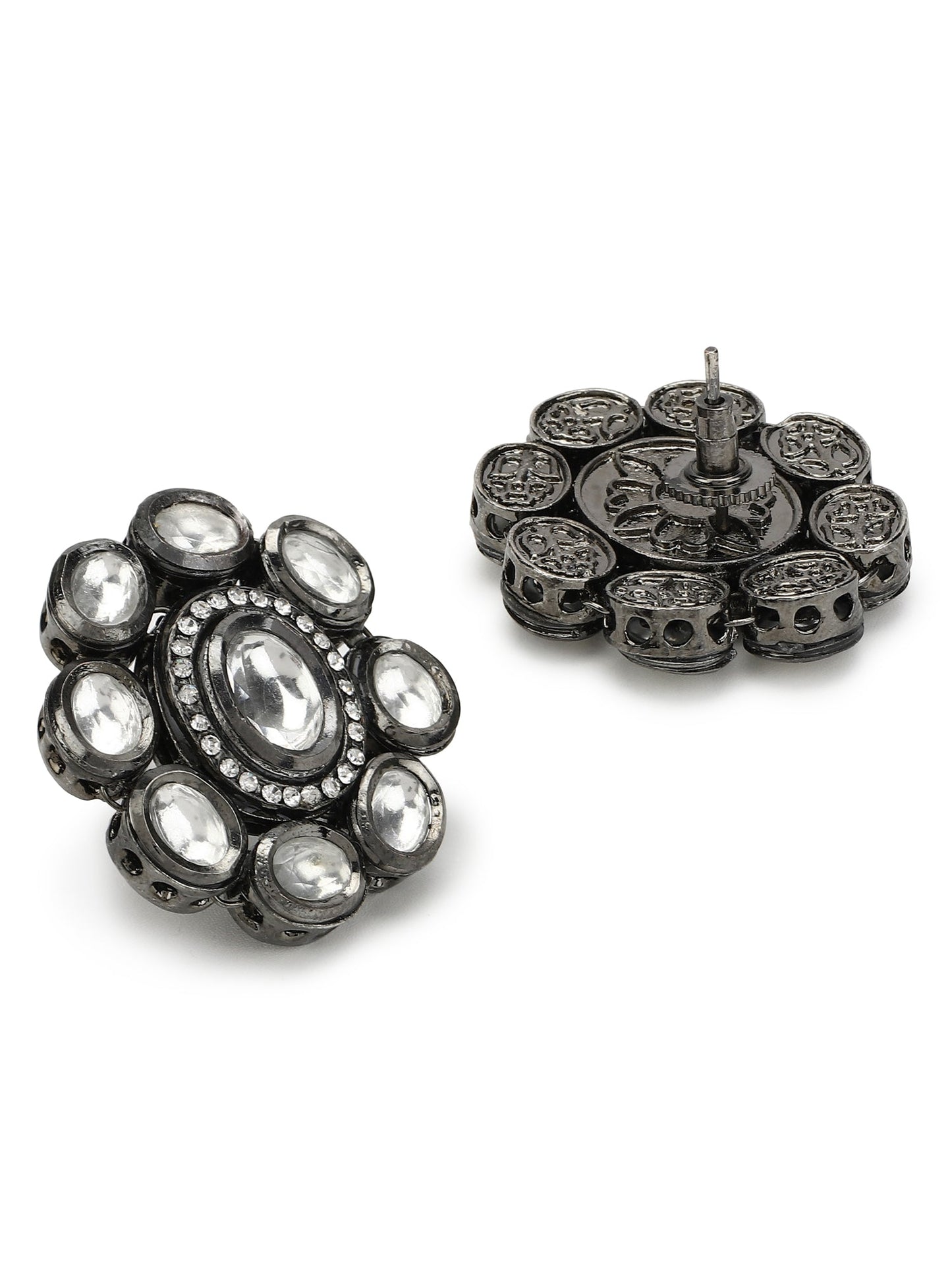 Black Silver-Plated Circular Kundan Studs Earrings - Ruby Raang - Swadesiicart