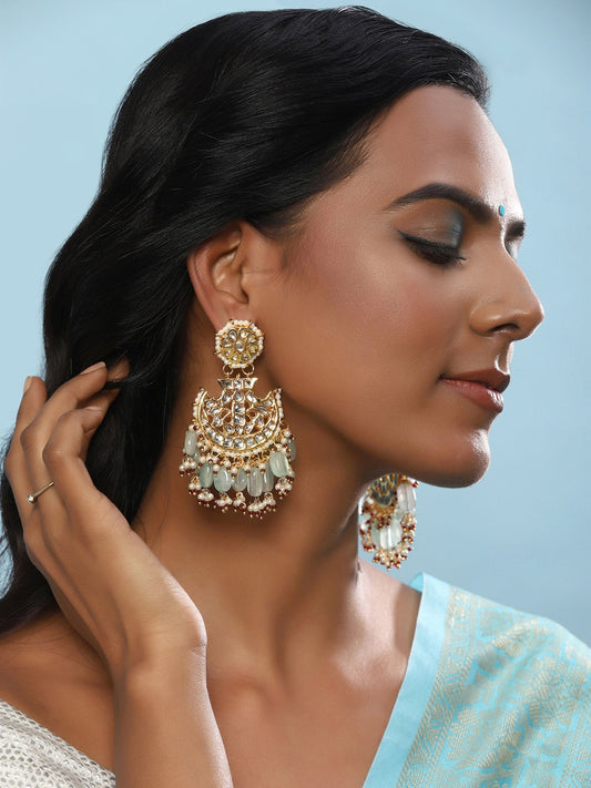 Gold-Polished Classic Kundan Studded Chandbalis Earrings - Ruby Raang - Ruby Raang Studio