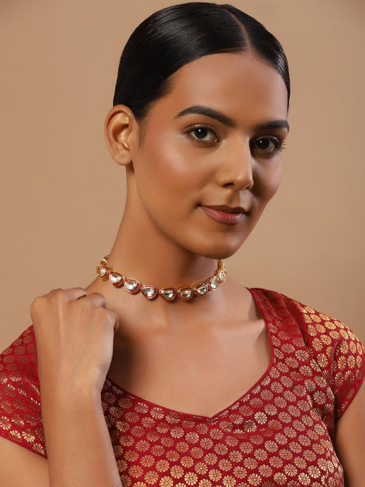 Women's Gold-Polished Kundan Studded Necklace - Ruby Raang | Swadesiicart