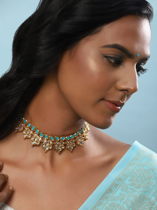 Gold-Toned Blue Brass Gold-Polished Necklace - Ruby Raang | Swadesiicart