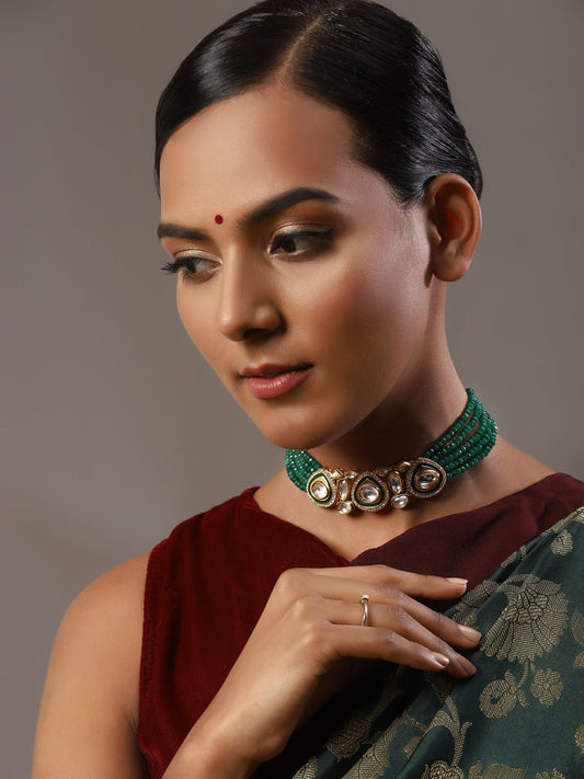 Gold-Polished Green Layered Necklace - Ruby Raang | Swadesiicart