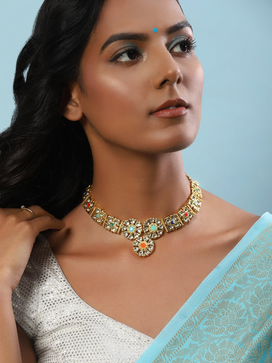 Gold-Polished White Studded Necklace - Ruby Raang | Swadesiicart