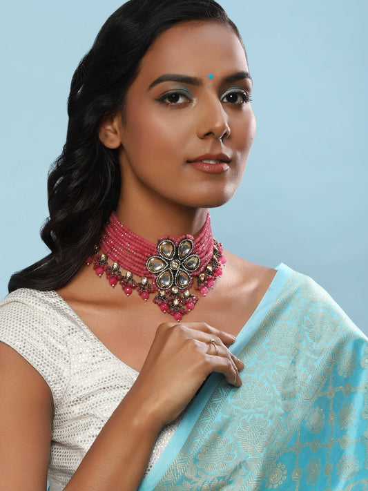 Pink Brass Silver-Plated Necklace - Ruby Raang | Swadesiicart
