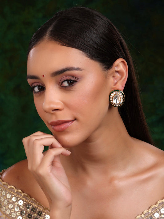 Meenakari Oversized Green Meenakari Studs - Ruby Raang - Swadesiicart