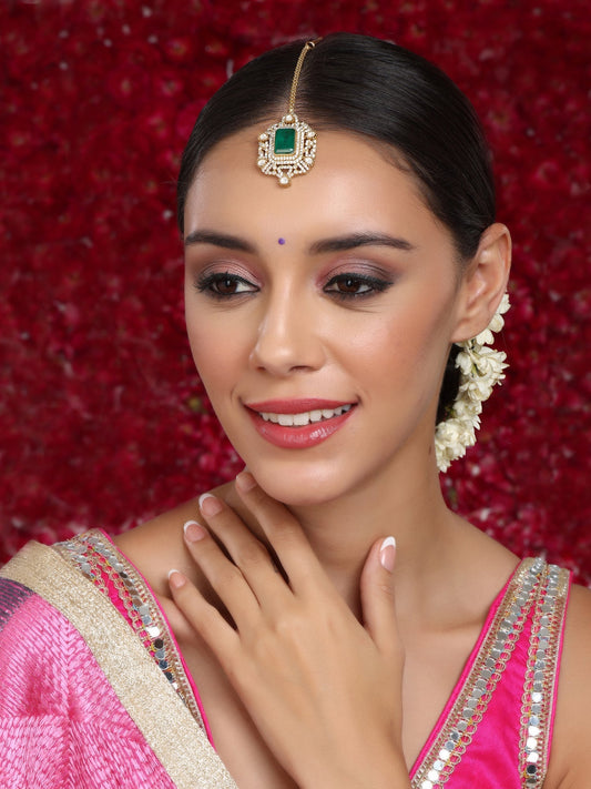 Kundan Maang Tikka with Diamonds & Emerald Stone - Ruby Raang | Swadesiicart