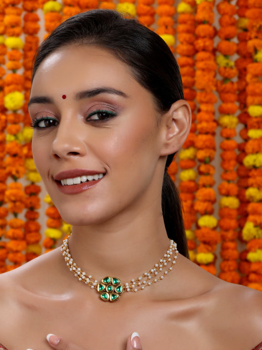 Meenakari Kundan Choker in Pearl Strings - Ruby Raang | Swadesiicart