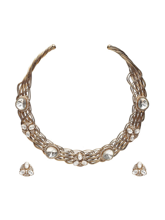 Golden Kundan & Mossainite Hasli Choker with Studs - Ruby Raang - Swadesiicart