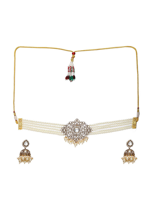 Kundan and Mossainite Choker in Pearls with matching Jhumki Earrings - Ruby Raang - Swadesiicart