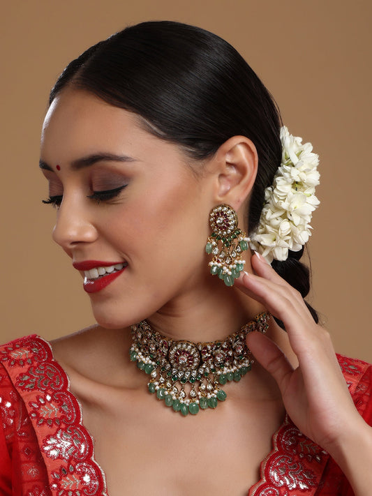 Precious Handcrafted Stone Neckpiece with Emeralds - Ruby Raang - Swadesiicart