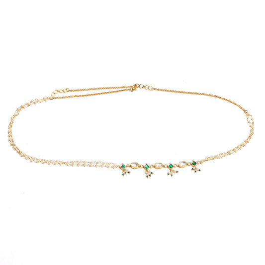 Green Stone & Clear Patchi Kundan in Pearl Kamar Band - Ruby Raang | Swadesiicart