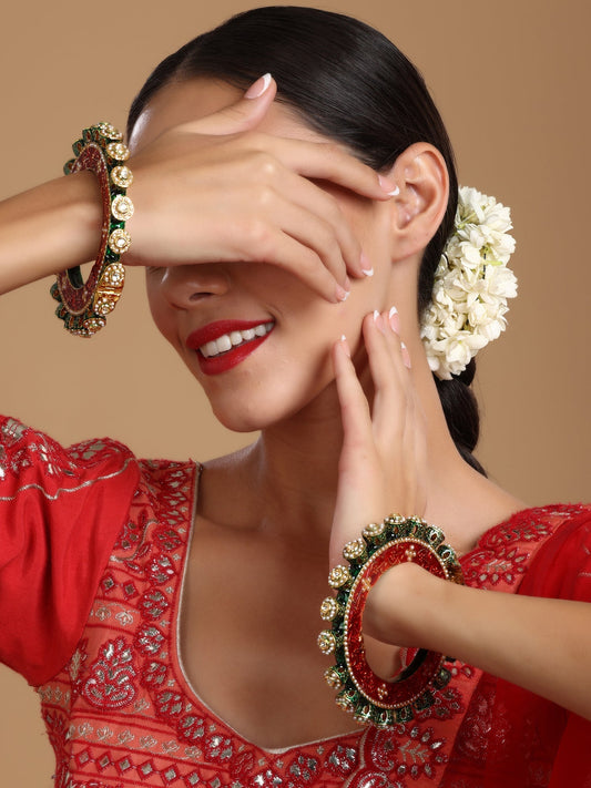 Meenakari Handcrafted Heavy Bangles (set of 2) - Ruby Raang