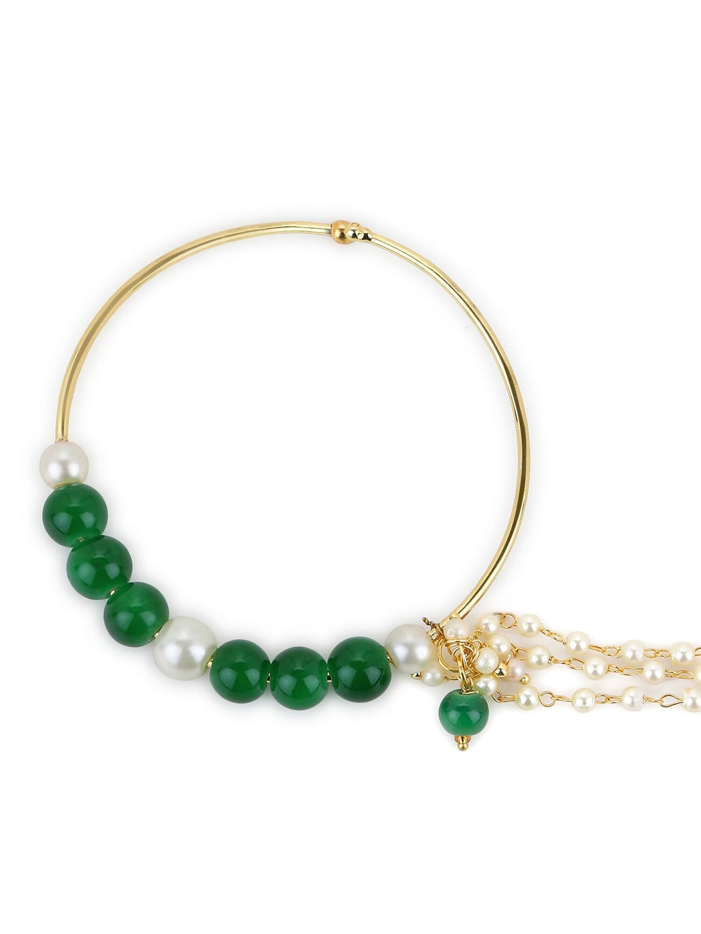 Gold-Polished White Green Stone-Studded Pearl Beaded Nosepin - Ruby Raang | Swadesiicart