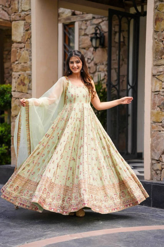 Prazu Fashion Light Lime Green Georgette Thread Sequin Anarkali Suit - Swadesiicart