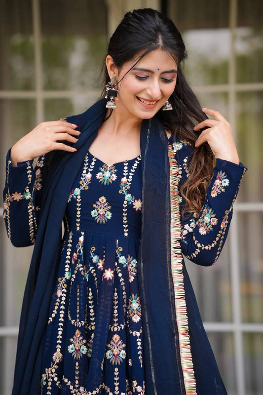 Prazu Fashion Blue Georgette Thread Sequin Anarkali Suit - Swadesiicart