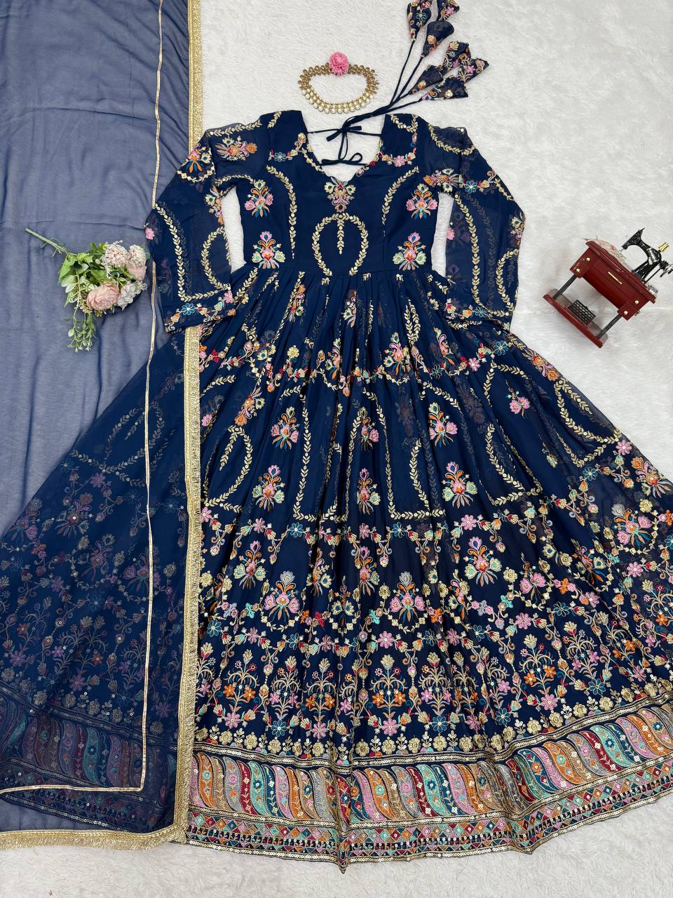 Prazu Fashion Blue Georgette Thread Sequin Anarkali Suit - Swadesiicart