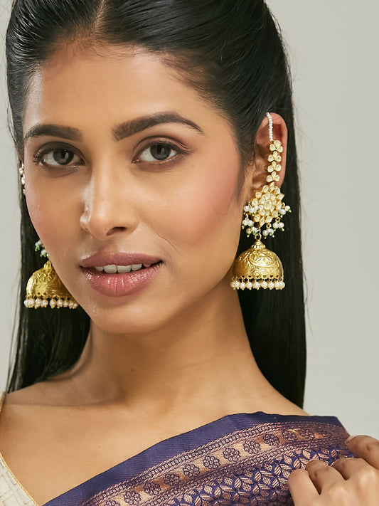 Nuyug 22K Gold-Plated Floral Jhumki Kundan Studded Kanauti Earrings | Swadesiicart