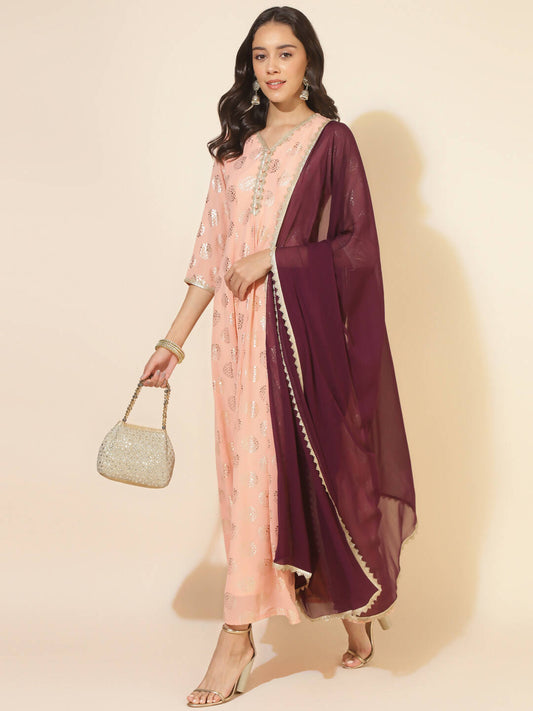 Janasya Women's Peach Georgette Foil Printed Festive Anarkali Kurta Set | Swadesiicart