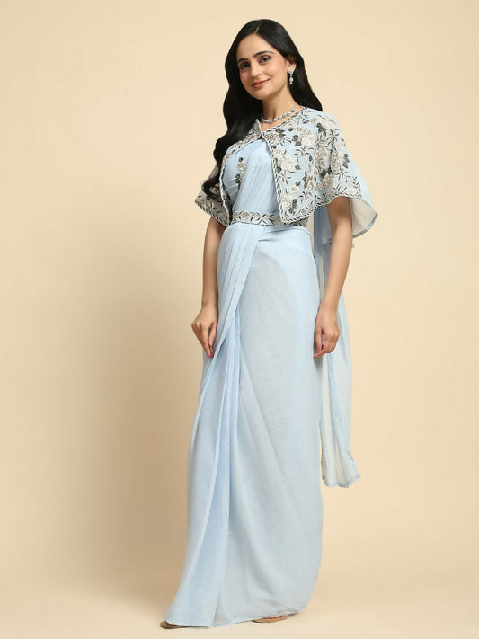 Blue Chiffon Solid Ready to wear Saree with stitched Blouse - Aayan | Swadesiicart