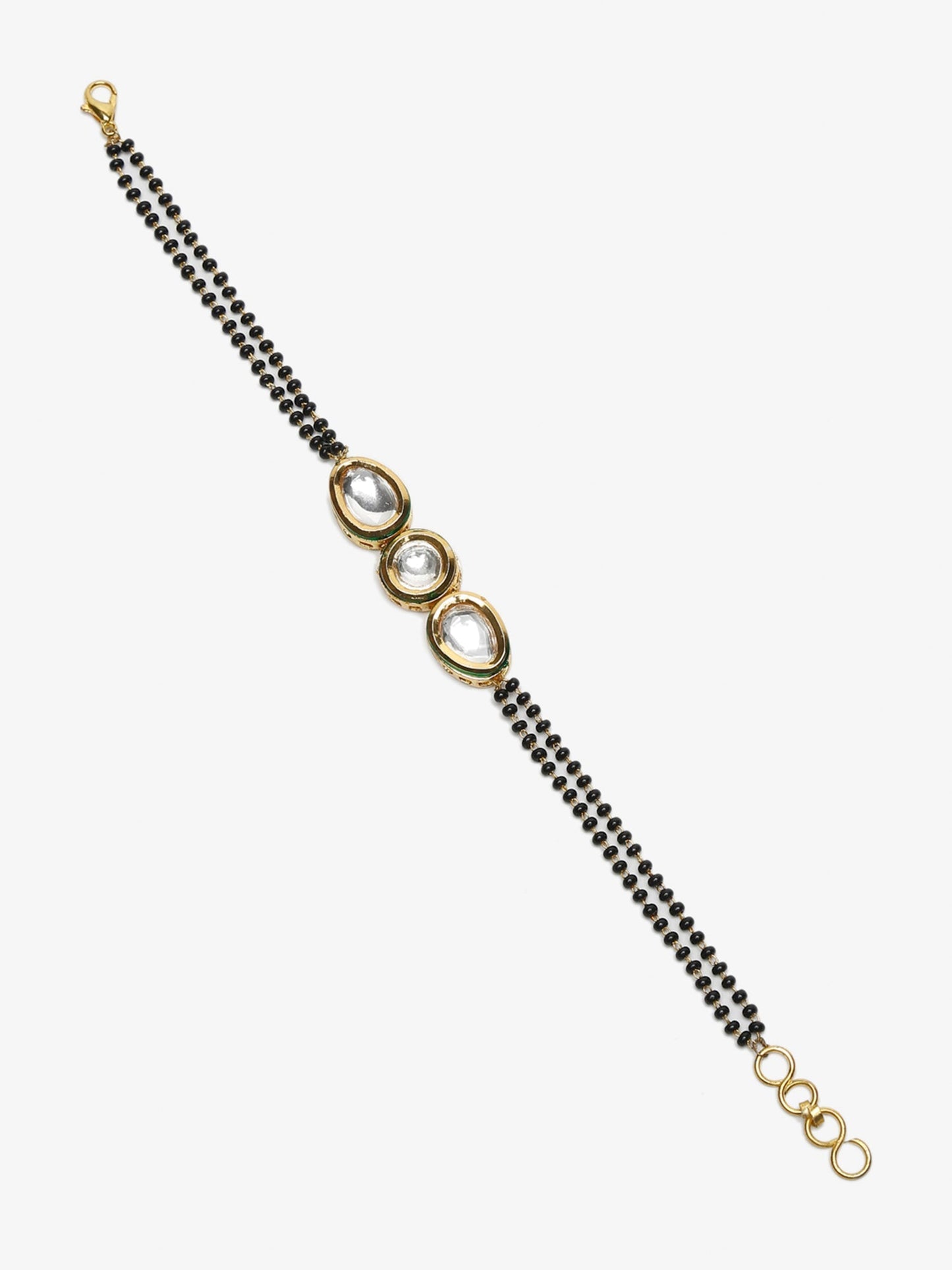 Women's Gold-Polished Black Beaded Kundan Mangalsutra Bracelet - Ruby Raang - Swadesiicart