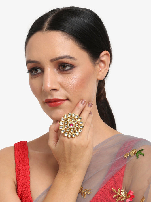 Women's Gold-Polished White Red Kundan-Studded Handcrafted Finger Ring - Ruby Raang | Swadesiicart