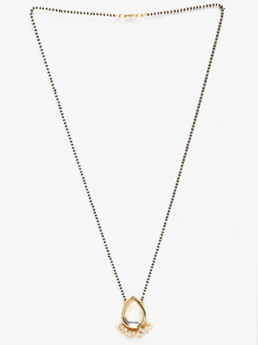 Gold-Polished White Black Kundan-Studded Beaded Mangalsutra - Ruby Raang | Swadesiicart