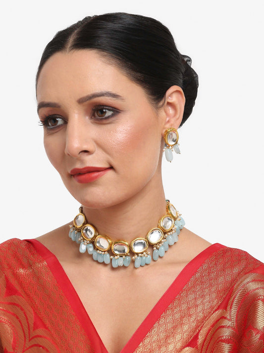 Gold-Polished White Blue Kundan-Studded Pearl Beaded Handcrafted Jewellery Set - Ruby Raang - Ruby Raang Studio