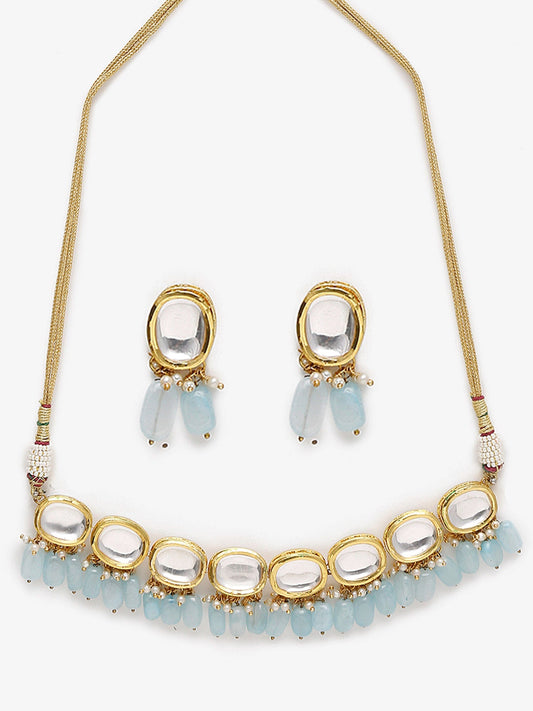 Gold-Polished White Blue Kundan-Studded Pearl Beaded Handcrafted Jewellery Set - Ruby Raang - Swadesiicart