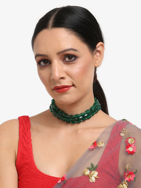 Gold-Toned Green Emerald Gold-Polished Layered Choker - Ruby Raang | Swadesiicart