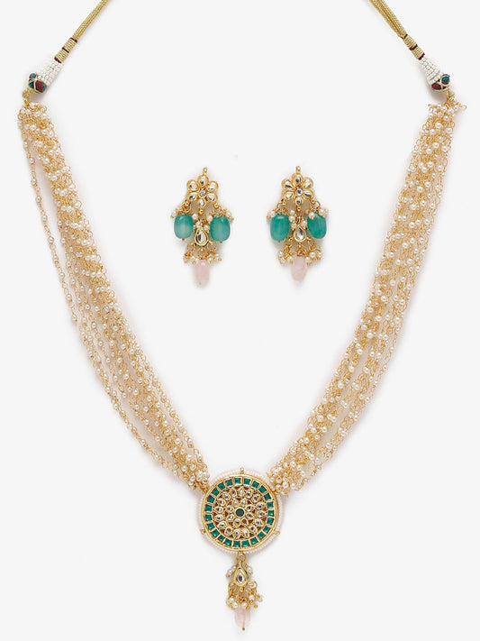 Gold-Polished Green White Kundan Studded Layered Jewellery Set - Ruby Raang - Swadesiicart